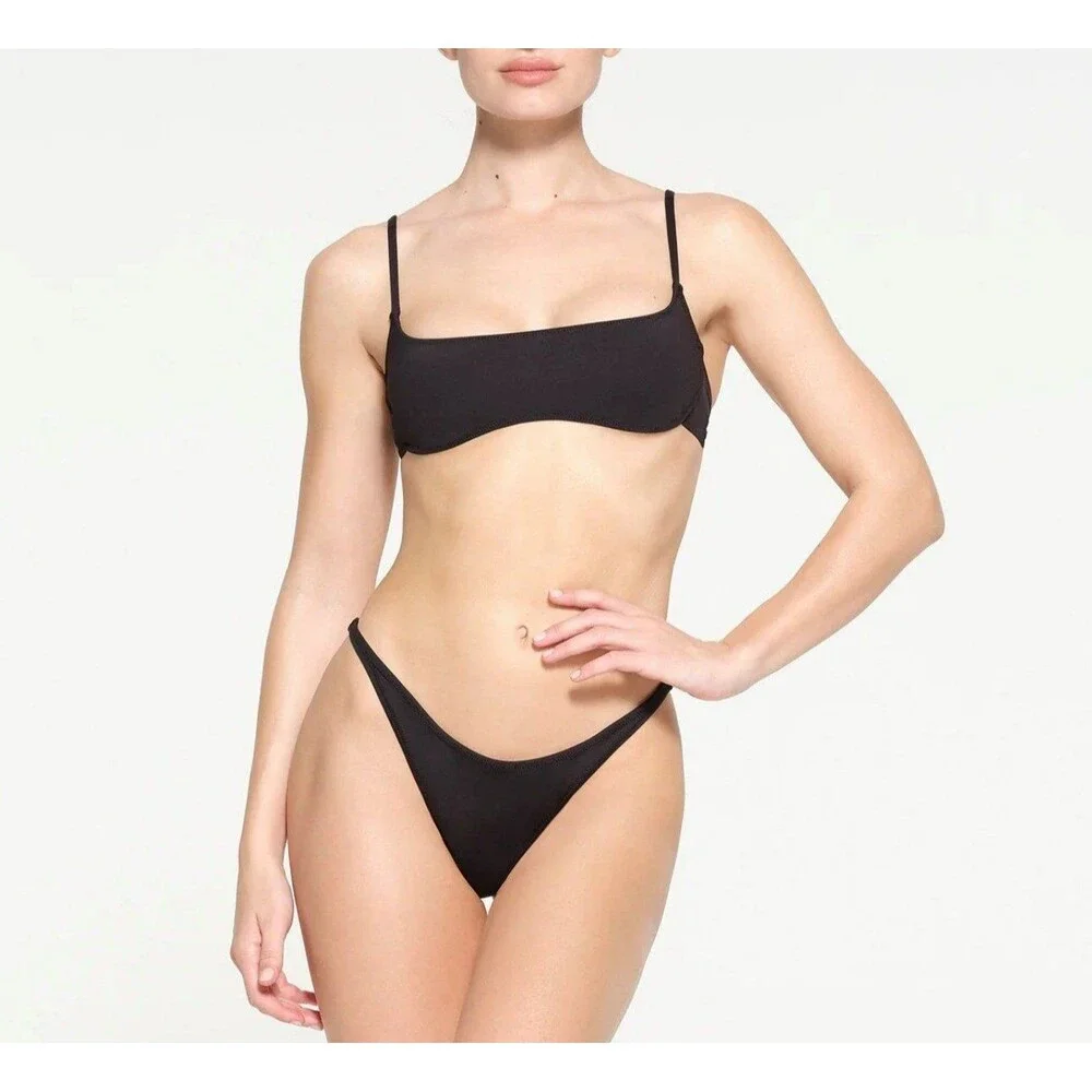 Skims Metallic Swim Micro Scoop Bikini Top Carbon